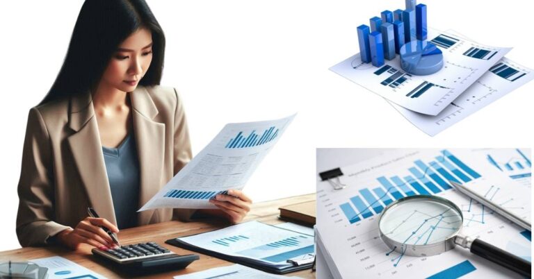A business women analyzing balance sheet report.