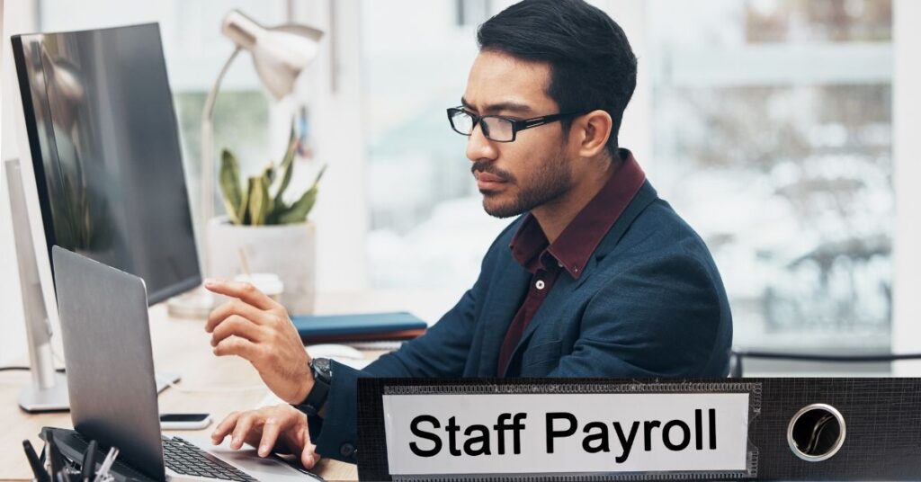 Remote payroll staff performing tasks in flexible location.